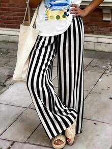 Pantalones sueltos y casuales a rayas para mujer, pantalones ligeros y cómodos de estilo bohemio elegante para primavera, verano y otoño, vacaciones en color rosa - Blanco y Negro - Ver 3