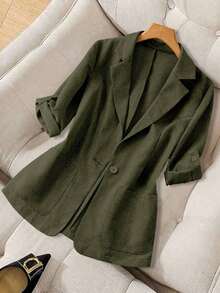 Chaqueta delgada de traje casual con bolsillo en la solapa y dobladillo de manga para mujer - Verde Oliva - Ver 7