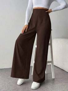 Pantalones anchos de cintura alta con textura, de moda minimalista y casual, ideales para volver al colegio - Marrón - Ver 6