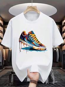 Men's Sneaker Theme T-Shirt - Lightweight And Stretchy Summer Crew Neck T-Shirt With Sneaker Print, Short Sleeves, Casual Streetwear And Sportswear, Durable, Suitable For Gym, Daily Wear, Machine Washable - 白色 - 查看 6