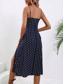 2024 Women's Floral Print Spaghetti Strap Summer Boho Beach Dress Elegant Printed Straps Square Neck Slit Dress - 藍點 - 查看 5