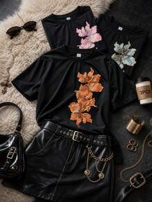 Áo thun ngắn tay nữ họa tiết hoa retro, thích hợp cho mùa hè, đi dự tiệc và mặc hàng ngày. - màu đen - Xem 6