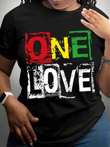 Camiseta con estampado "One Love", Top casual de manga corta y cuello redondo para verano y primavera, ropa de mujer - Negro - Ver 12