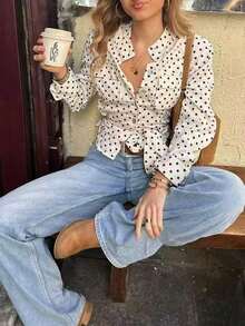 Camisa de mujer con estampado de lunares, de primavera/verano, nueva, informal, con cuello alto, botones delanteros, cintura con lazo, diseño elegante y ajuste ceñido para uso diario y viajes, color blanco - Blanco - Ver 10