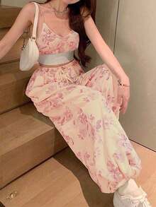 Petite Conjunto de 2 piezas: Top corto tipo camiseta con estampado y pantalones de cintura alta con pernera ancha - Rosa - Ver 4