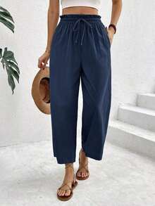 Pantalones casuales de mujer con cintura con cordón a cuadros - Azul marino - Ver 9