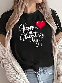 Camiseta de Mujer con Diseño de Corazón Rojo para el Día de San Valentín, Diseño con Escritura de Feliz Día de San Valentín y Corazón, Manga Corta, Cuello Redondo, Estilo Casual, Lavable a Máquina, Corte Regular para Primavera y Verano, Regalos para el Día de San Valentín, Ropa Casual de Verano. - Negro - Ver 1