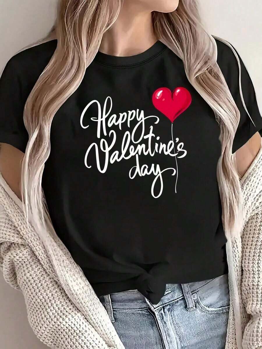 Camiseta de Mujer con Diseño de Corazón Rojo para el Día de San Valentín, Diseño con Escritura de Feliz Día de San Valentín y Corazón, Manga Corta, Cuello Redondo, Estilo Casual, Lavable a Máquina, Corte Regular para Primavera y Verano, Regalos para el Día de San Valentín, Ropa Casual de Verano. - Negro - Ver 1