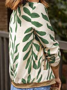 Chaqueta de béisbol estampada, con bolsillos, casual y cómoda para vacaciones, con parches de lámina, ligera tipo bomber, para mujer, talla grande vendida en primavera/verano - Verde - Ver 2