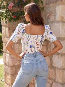 Blusa con estampado floral, cuello corazón y mangas con volantes para vacaciones - Albaricoque - Ver 2
