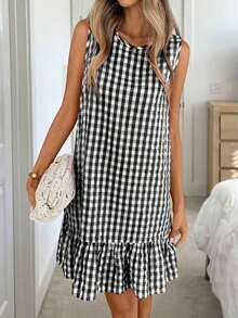 Vestido de verano estilo bohemio con cuello redondo sin mangas y corte evasé a dos colores a cuadros, vestido esencial para vacaciones y uso diario al aire libre - Blanco y Negro - Ver 3