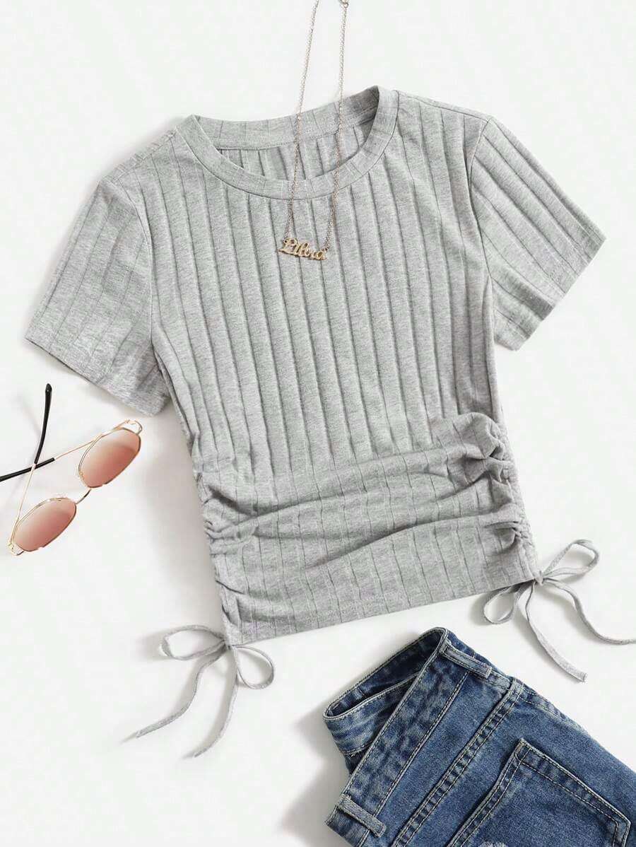 Camiseta tejida de canalé con fruncido lateral con cordón - Gris Claro - Ver 1