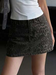 Falda vaquera casual con botones delanteros y bolsillos con estampado de leopardo - Marrón 3 - Ver 9