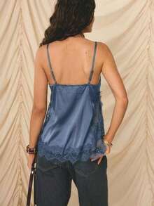 -E Elegante conjunto de vacaciones para mujer con top de tirantes finos, ajuste ceñido, de satén beige con ribete de encaje - Azul - Ver 2