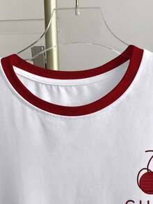 Camiseta de mujer de manga corta con cuello redondo y estampado de bloques de color - Blanco 6 - Ver 3
