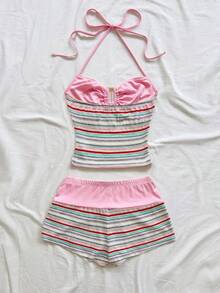 2 piezas Conjunto de camiseta de tirantes y pantalones cortos de punto a rayas con hebilla de metal, estilo casual de vacaciones, adecuado para fiesta, San Valentín, cita, discoteca, bohemio, vacaciones, otoño, ropa de mujer, vintage, días fest - Multicolor 4 - Ver 2