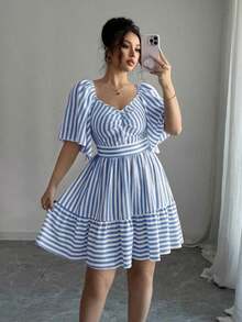 Elenzya Vestido de primavera y verano de talla media con rayas azules y blancas, manga corta, elegante y casual, con cintura ajustada para mujeres - Azul y blanco - Ver 7