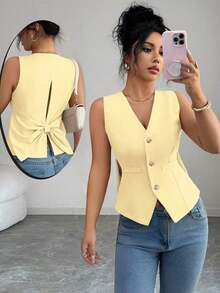 Camiseta de tirantes de mujer de algodón a rayas con lazo y escote en V sin espalda.Ajustada y que realza la figura, muestra por completo el encanto femenino.Adecuada para otoño e invierno, es una opción ideal para citas, vacaciones, ir al - Amarillo claro - Ver 1