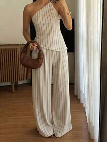 Nuevo conjunto de primavera/verano, elegante atuendo de vacaciones, blusa de lino asimétrico con cintura fruncida y espalda descubierta en color albaricoque y pantalones largos de cintura alta de 2 piezas de traje de lino - Albaricoque 2 - Ver 4