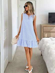 Vestido de verano estilo bohemio con cuello redondo sin mangas y corte evasé a dos colores a cuadros, vestido esencial para vacaciones y uso diario al aire libre - Azul y blanco - Ver 3