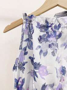 Blusa casual versátil de uso diario con estampado floral y pliegues para mujer - Azul y blanco - Ver 5