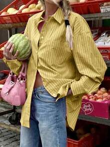 Camisa de manga larga con estampado de rayas, versátil y casual para vacaciones, para mujer - Amarillo - Ver 3