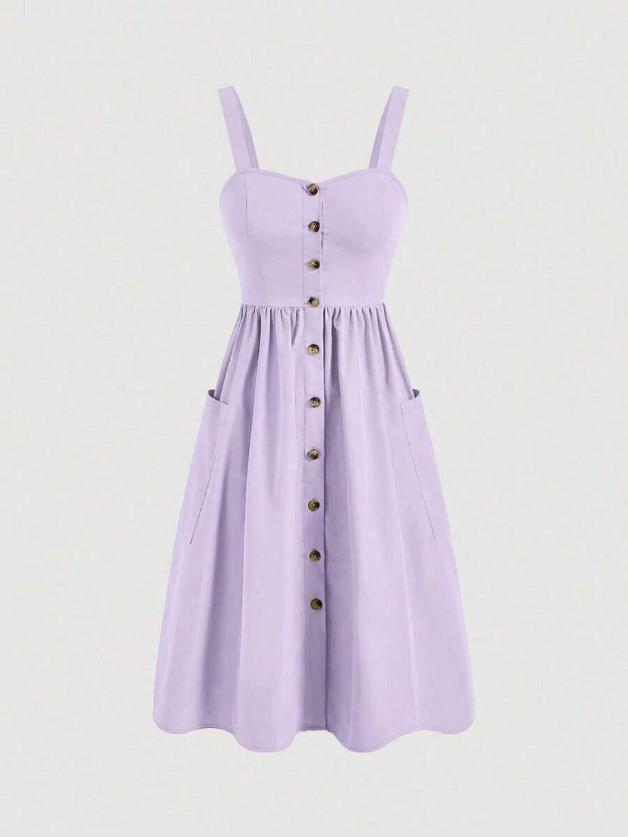 Vestido de verano para mujer de unicolor sin mangas con bolsillos - Lila Púrpura - Ver 1