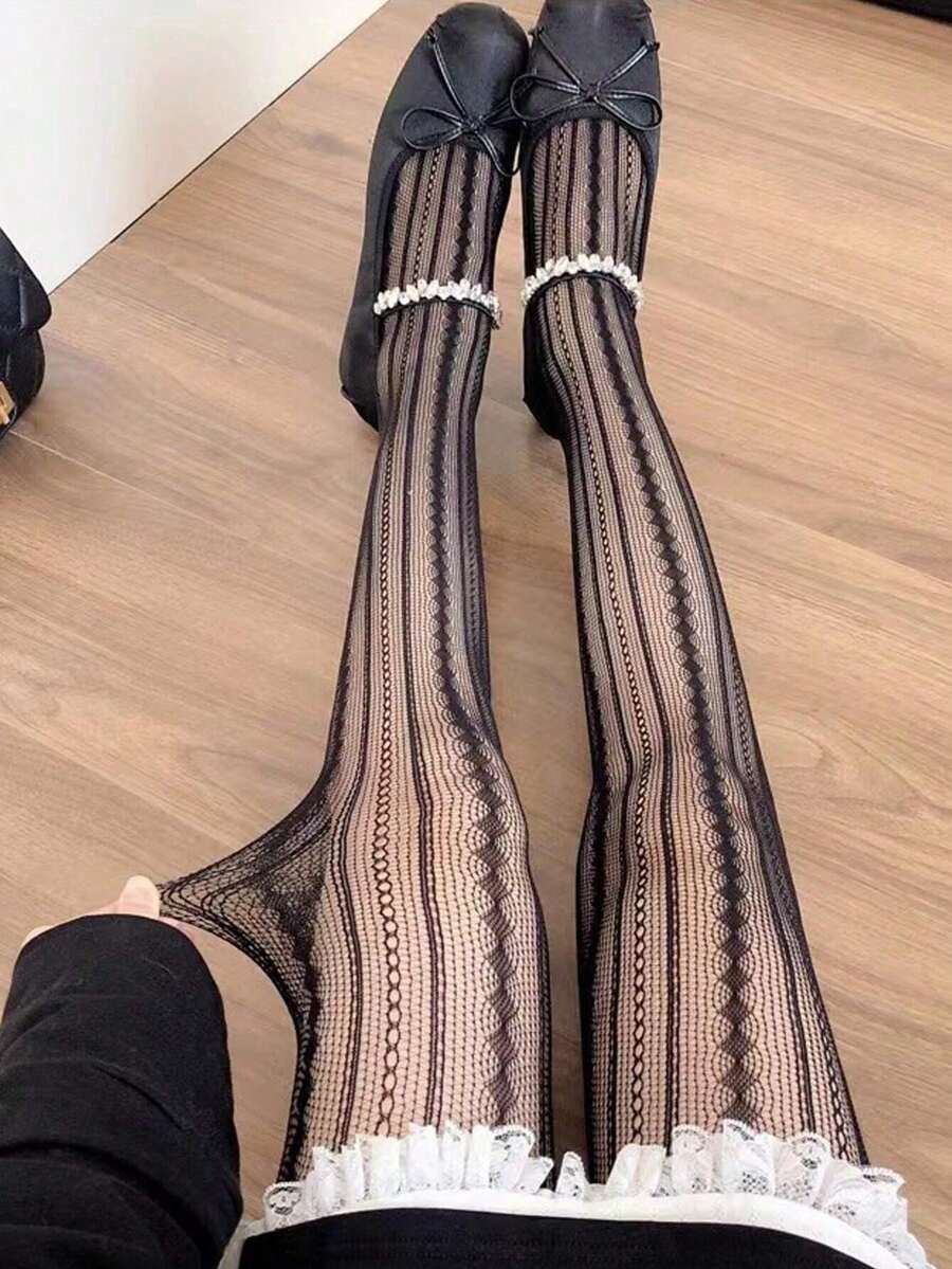 1双女士可爱黑色花卉透视渔网连裤袜女靴黑色便宜衣服Y2K可爱运动趣味鞋礼物 - 黑色 - 查看 1