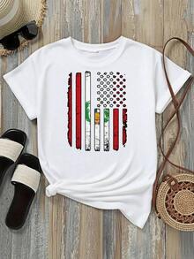 Camiseta de Mujer con Diseño Patriótico Gráfico Desgastado Estilo Americano, Opciones en Blanco y Negro, Camisetas Casuales para Uso Diario, Tops de Verano, Camisetas Gráficas, Conjuntos de Verano para Mujer, Camisetas Cortas para Mujer, Ropa Vintage de Algodón Bonita para Mujer - Blanco - Ver 2