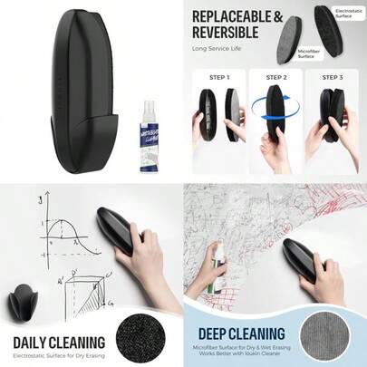 Replaceable Dry Erase Eraser Double-Sided Board Eraser With Magnetic Holder Precision-Point Glass Board Wiper For Classroom Home And Office Board Cleaner Included