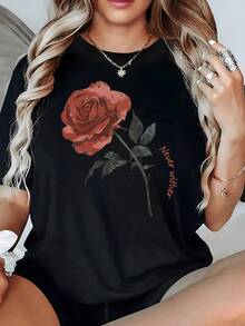 A Red Rose With Delicate Petals Symbolizing Eternal Love And Inner Strength, Accompanied By Lettering That Inspires Hope And Renewal. A Modern, Comfortable, Casual Women's T-Shirt For Everyday Wear. - 黑色 - 查看 1