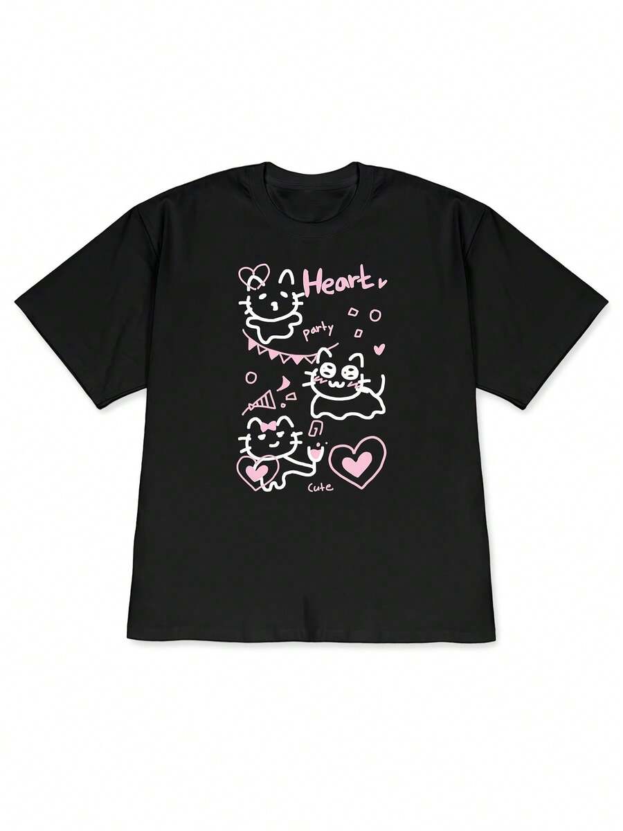 Women's Loose-Fitting Short-Sleeved T-Shirt With A Hand-Drawn Heart And A Cute Cat, Along With An English Phrase. This Comfortable And Soft T-Shirt Is Perfect For Those Who Love A Sweet And Adorable Style, Ideal For Everyday Wear. Perfect For Casual Wear For Sweet Girls Or Students, Cool And Breathable Summer Clothes, Elegant Party Outfits, Stylish Ladies' T-Shirts, And Blouses Suitable For Curvy Women. - 黑色 - 查看 1
