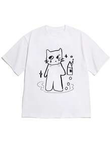 Camiseta de manga corta para mujer, estilo dibujado a mano, con hombros caídos, diseño nuevo de primavera/verano 2026: "Gato llorando divertido + Pequeña casa". Cómoda, agradable para la piel, ropa casual para amantes de los gatosRopa diaria para chicas dulces o estudiantes ,Ropa fresca y sin sudor en verano,Traje de fiesta elegante,T-shirt para damas elegantes,Blusas adecuadas para mujeres con curva, - Blanco - Ver 2