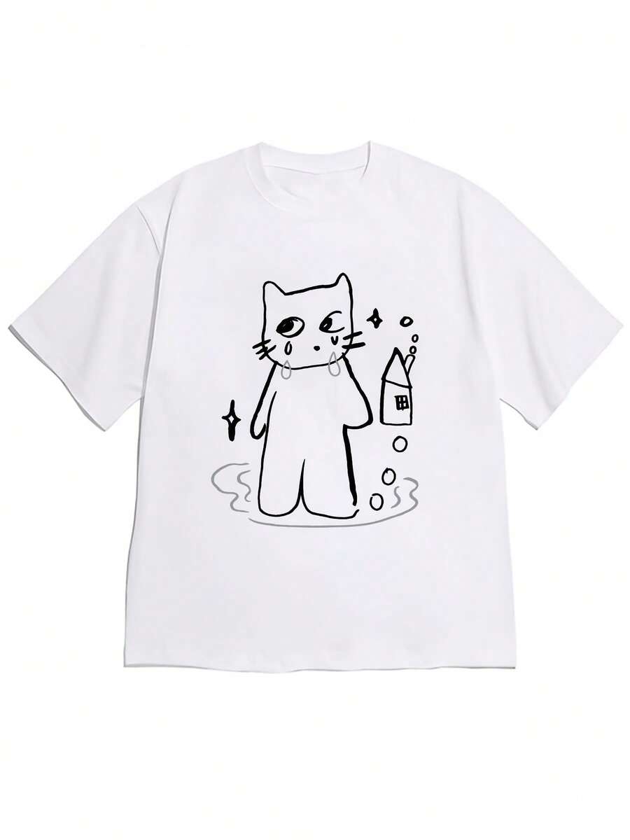 Camiseta de manga corta para mujer, estilo dibujado a mano, con hombros caídos, diseño nuevo de primavera/verano 2026: "Gato llorando divertido + Pequeña casa". Cómoda, agradable para la piel, ropa casual para amantes de los gatosRopa diaria para chicas dulces o estudiantes ,Ropa fresca y sin sudor en verano,Traje de fiesta elegante,T-shirt para damas elegantes,Blusas adecuadas para mujeres con curva,
