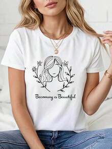 Playera de manga corta minimalista moderno para mujer Convertirse en Es Hermoso - Camiseta con estampado de silueta femenina, adecuada para uso diario y reuniones de mujeres, camiseta de manga corta para primavera y verano, lavable a máquina conjunto de ropa casual Elegante. Camisa de mujer Casual 100% Algodón 100% Algodón - Blanco - Ver 1