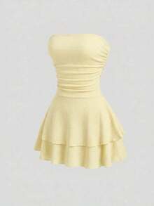 Vestido mini de punto sin tirantes de unicolor minimalista para mujer, vestido de pastel de múltiples capas - Amarillo claro - Ver 3
