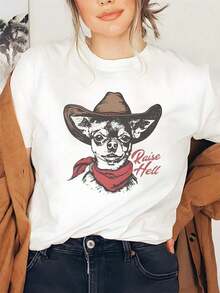RAISE HELL Camiseta de manga corta con estampado de cachorro chihuahua, camisetas gráficas, camiseta casual de cuello redondo para mujer, ropa de mujer, camiseta para maestras, transpirable y cómoda. - Blanco - Ver 1