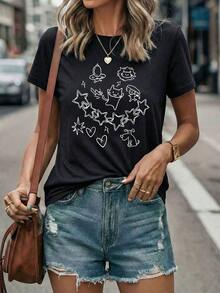 1pscY2K Top de Verano para Mujer, Bonito y Divertido. Dibujos de mascotas sencillos, estilo infantil y relajante, exclusivo para dueños, elementos de estrellas y corazones, camiseta de mujer con estampado de letras de dibujos animados. Adecuado para diversas ocasiones, como regalo para festivales, cumpleaños, festivales de música, Día de la Madre, Pascua, temporada de graduación, casual y versátil, cómodo, para vacaciones en la playa, sencillo y a la moda, adecuado para el uso diario de mujeres y niñas. 100% algodón. - Negro - Ver 7