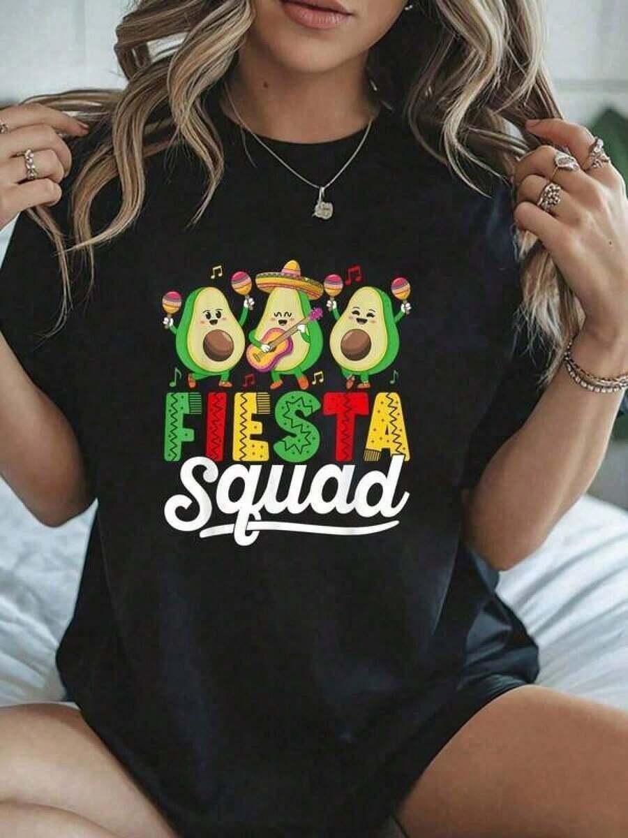 playeras de algodón mujer 1pscCamiseta Informal Oversize Unisex con Estampado de aguacates caricatura fiesta 100% Algodón Grueso Negra Cuello Redondo Manga Corta100%cotton ropa de mujer Daily home top - Negro - Ver 1