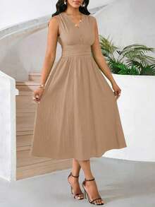 Vestido veraniego sin mangas de mediana longitud para mujer, de tela tejida con textura en color verde - Caqui - Ver 3
