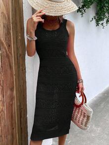 Vestido de punto con lazo en la cintura, casual de vacaciones, primavera/verano, unicolor, cuello redondo, sin mangas, con abertura, corto, ajustado, de vuelta al colegio, otoño, vestimenta digna para mujeres, vestido largo de fiesta de otoño para la playa - Negro - Ver 5