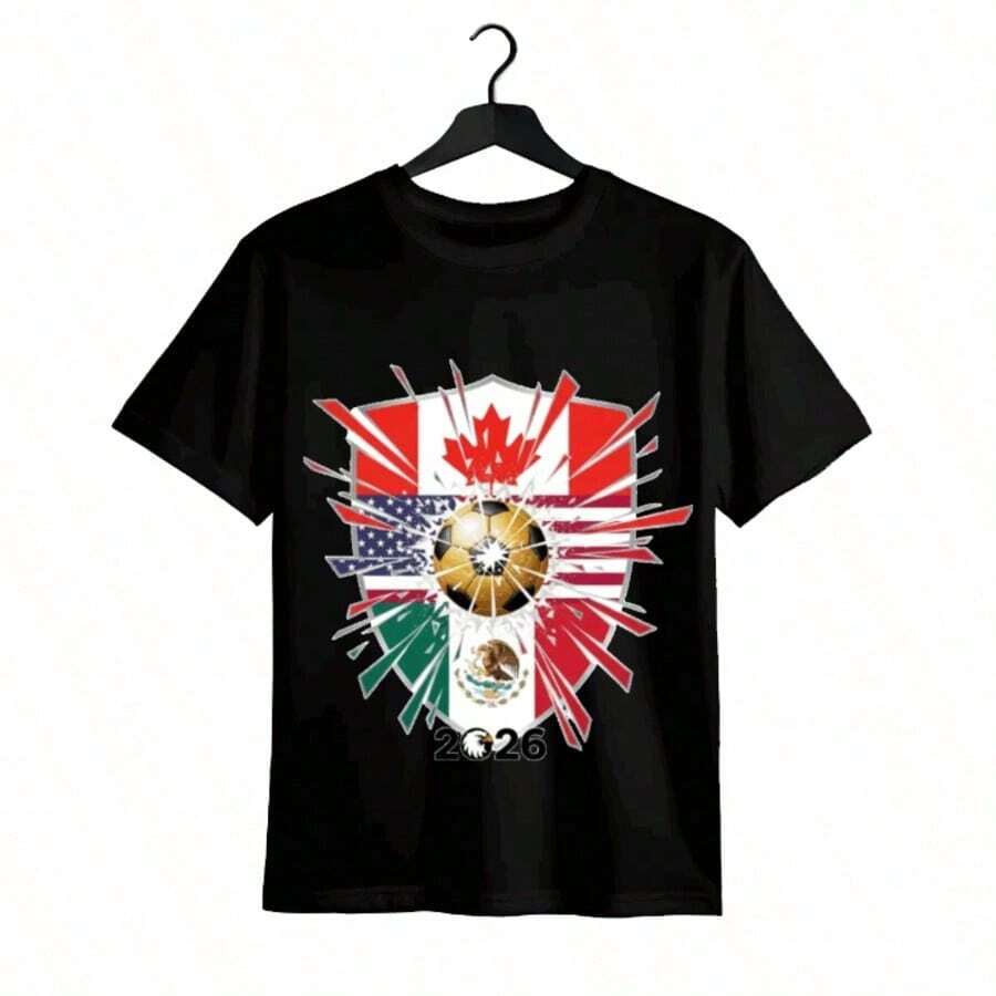 Tops para mujer Casual de Algodón Negro de Manga Corta y Cuello Redondo para Mujer con Estampado de la Bandera de la Copa Mundial 2026, Ropa de Verano para Mujer, Ropa de Vacaciones para Mujer, Blusas para Mujer, Blusas de Verano, Conjuntos de Verano, Ropa de Verano, Regalos de Pascua - Negro - Ver 1