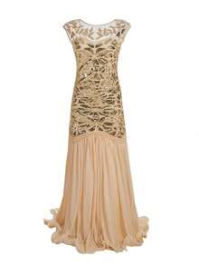 Women's Long Party Dress With V-Neck, Sequin And Lace Embroidery On The Top, Flowing Chiffon Skirt, Various Colors (Green, Black, Red, Champagne), Ideal For Banquets And Formal Events. - 杏色 - 查看 8