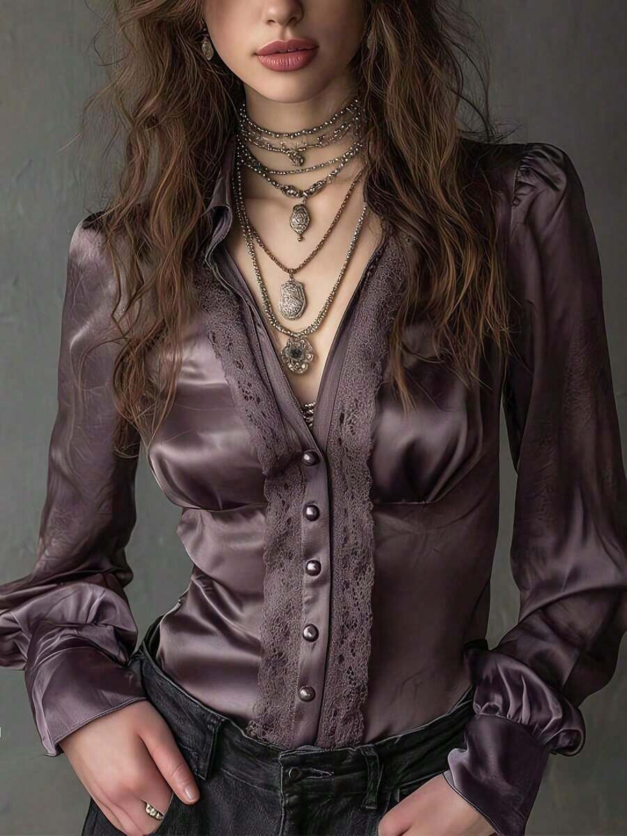 Blusa de satén con cuello en V, manga abullonada y encaje retro francés elegante.Camisa de manga larga con botones frontales y parches de encaje para uso en la oficina, para primavera/verano - púrpura brumoso - Ver 1
