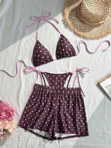 Swim Vcay Conjunto de 3 piezas de bikini con textura de tela a rayas azul y blanco, con tirantes finos y cuello halter, para primavera/verano 2026 - Multicolor - Ver 3
