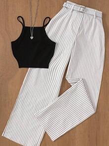 Conjunto de top sin mangas casual a rayas y pantalones, adecuado para la oficina y el jardín, primavera/verano - Blanco y Negro - Ver 2