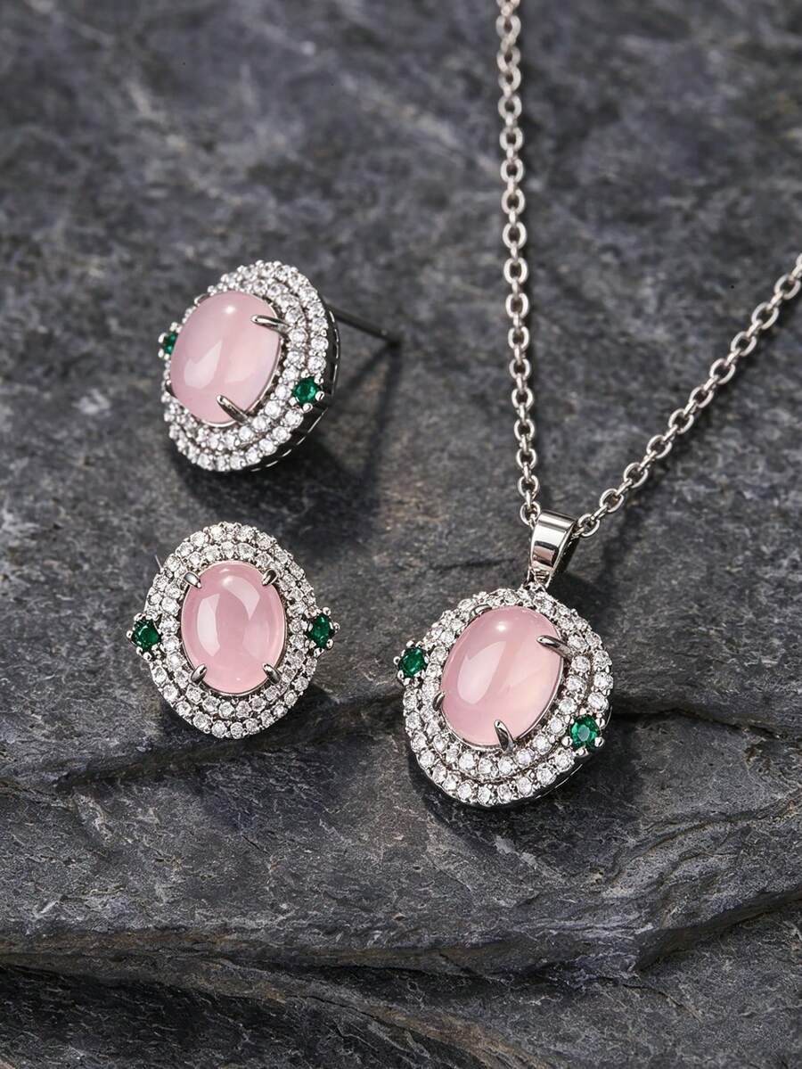 1 Set Luxury Elegant Artificial Zirconia Necklace And Earrings Jewelry Set, Suitable For Women's Daily Wear - Silver - View 1