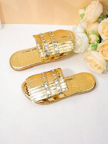 Girl's Retro-Style Rhinestone Fringe Slides, Versatile Outdoor Beach Shoes For Summer - Gold - View 7