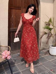 Vestido largo de verano con cuello en V, estampado floral y cintura ceñida - Celeste - Ver 10