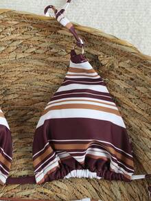 Ensemble de bikini à bretelles rétro marron et blanc rayé, maillot de bain 2 pièces à la mode et sexy pour les vacances à la plage, essentiel pour le printemps/été 2026, design polyvalent et élégant convenant pour les fêtes d'anniversaire, le fitness, le port quotidien décontracté, les voyages - Multicolore - Voir 5